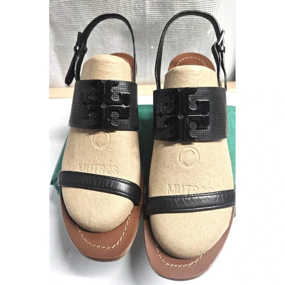 TORY BURCH Lowell black leather block heel sandals woman Sz 11‎